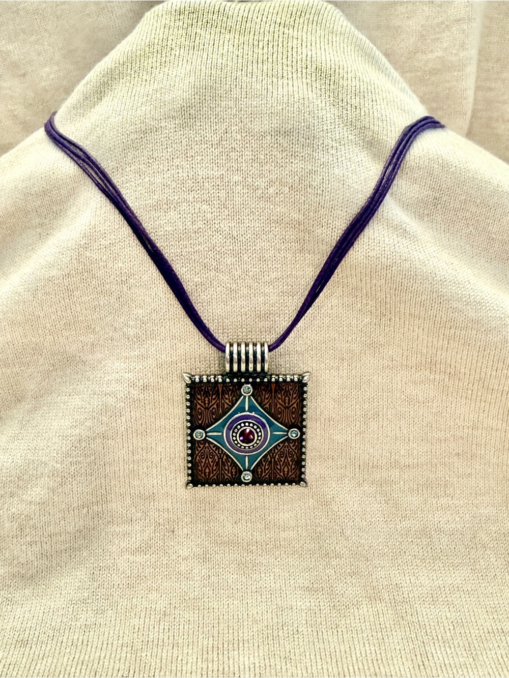 Boho Silver-Tone Square Pendant Necklace with Purple Cord